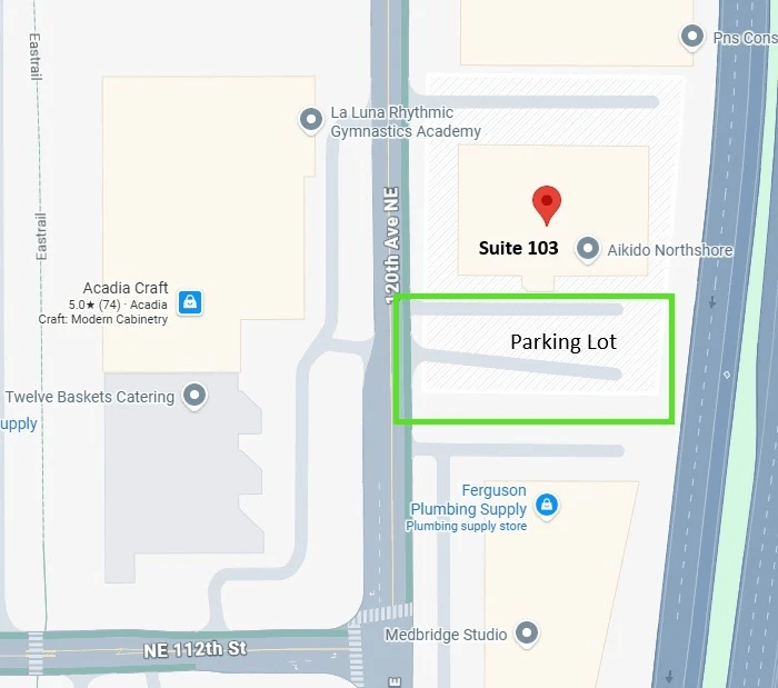 Kirkland location at 11232 120th Ave NE Suite 103 Kirkland WA 98033 Parking Lot circled south of the Suite 103 building location. 